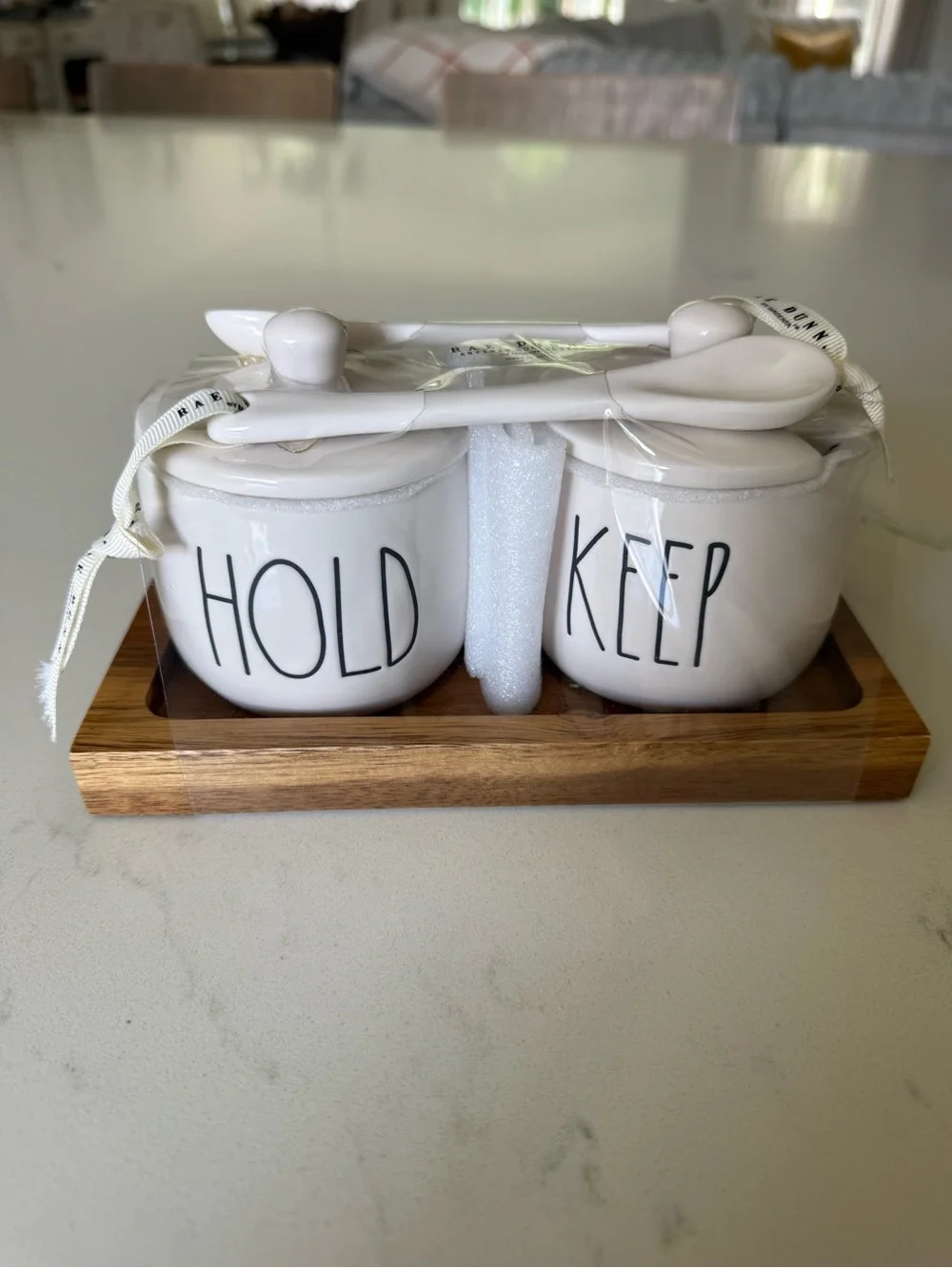 Rae Dunn White 'HOLD' & 'KEEP' Ceramic Jar Set with Bamboo Tray
